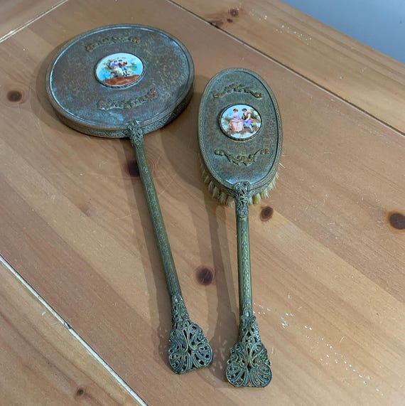Antique Hand Mirror and Brush Vanity Set – 1920s Gilt Metal 