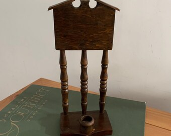Portacandele primitivo con anello decorativo in ottone e perno in legno – Stile vintage americano di metà secolo