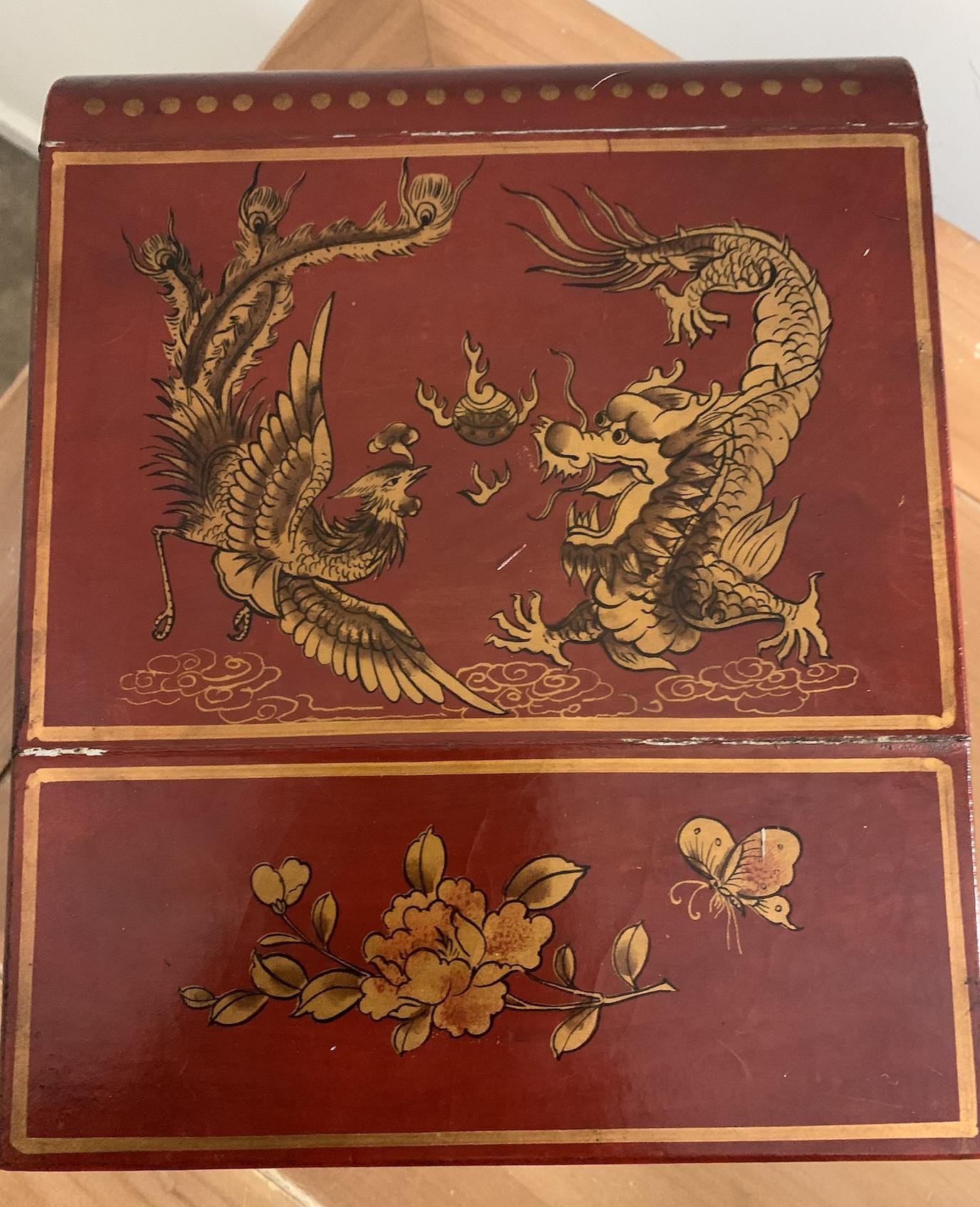 Large Vintage Asian Wooden Jewelry Box: Dragon & Phoenix Design, Hidden ...