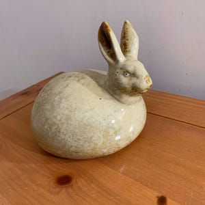 Chubby Bunny With Speckled Cream, Brown Glazed Finish, Delightfully Plump Mid-Century Accent for Rustic or Whimsical Spaces, Ceramic