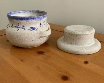 Vintage Handmade Pottery, Artist Signed, Blue Hearts & Flowers