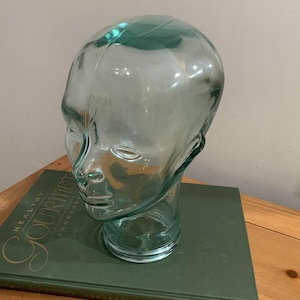 Vintage Glass Head – Handcrafted in Spain, Green Mannequin Display Bust, 1980s Wig Stand or Hat Holder