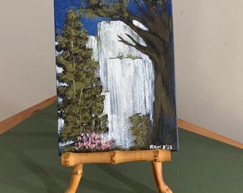 Original Painting Waterfall Landscape on Canvas – Small Artwork Signed