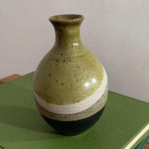 Può includere: Un piccolo vaso in ceramica fatto a mano con un corpo arrotondato e un collo stretto. Il vaso presenta una combinazione di colori verde oliva, bianco, grigio e nero. Il vaso è alto circa 15 cm.