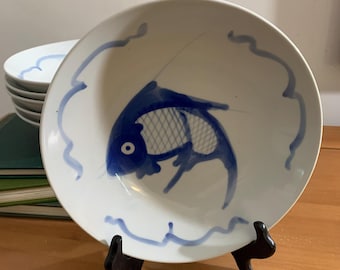 6 ciotole vintage con carpe koi, piatti da portata asiatici blu e bianchi