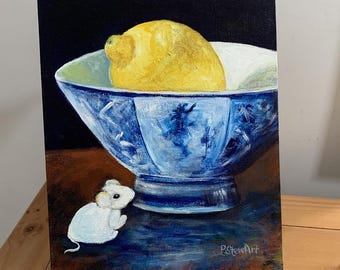 Adorable Still Life Painting: Mouse in Blue Bowl with Lemon, Signed Canvas Art