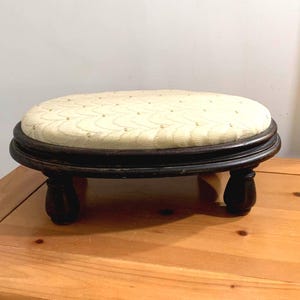 Antique C.H. Haberkorn Footstool – Oval Wood & Upholstered Victorian Ottoman, Rare Detroit Maker with Original Label