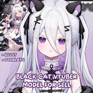 May include: Digital illustration of an anime character with white hair, purple eyes, and cat ears. The image includes the text "BLACK CAT VTUBER MODEL FOR SELL" and "+ ILLUST + OVERLAYS". The character is wearing a black and white outfit.