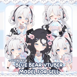 以下が含まれることがあります： 青い目と白または黒の髪を持つ、複数のアニメスタイルのキャラクターが登場するデジタルイラスト。キャラクターはクマをテーマにしたアクセサリーを身に着けています。画像には「+OVERLAYS BLUE BEAR VTUBER MODEL FOR SELL」というテキストが含まれています。