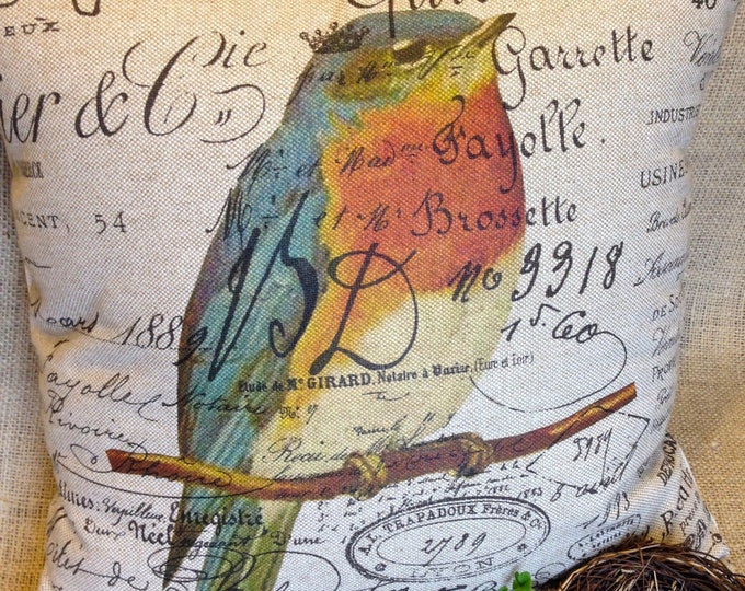 Bird Pillow Cover 18x18 French Script and Ticking Pillow Slip Etsy