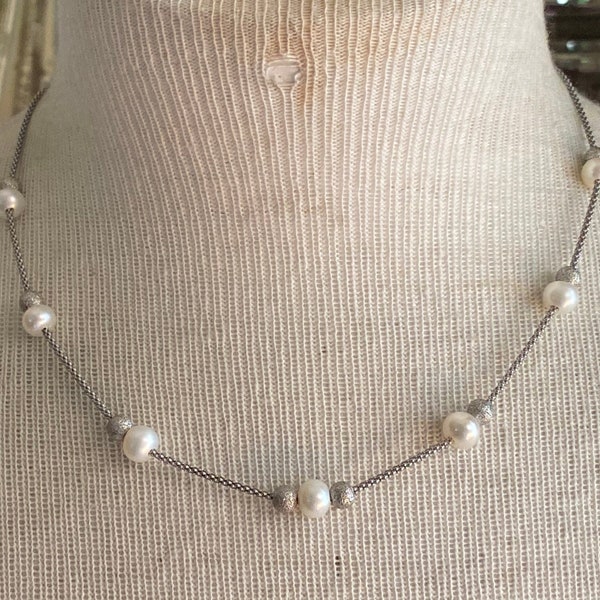 Designer Frederic Duclos Sterling Silver 925 Textured Beads and Pearl Necklace Signed