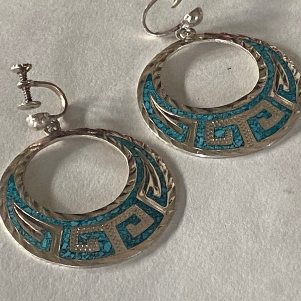 Beautiful Vintage Sterling Silver Crushed Turquoise Clip Style Earrings Signed Mexico VJC