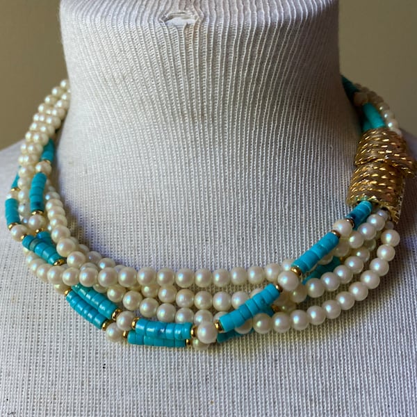 Designer Mimi Di N Torsade Multi Strand Necklace Faux Pearls Turquoise Gold Tone Accents Signed 1977