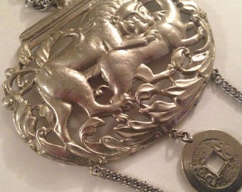 Designer Kenneth Lane KJL Kenneth Jay Lane Runway Statement Asian Lion Dragon Serpent Theme Necklace Signed Kenneth Lane Silver Tone