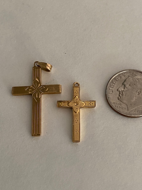 Two Sweet Etched 10k Gold Crosses Crucifix Pendant