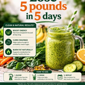 May include: A green smoothie in a mason jar with a striped straw, surrounded by fresh vegetables and fruit. Text reads "Lose 5 pounds in 5 days" and details about boosting energy, curbing cravings, and burning fat naturally. The brand name "Her Balance" is also visible.