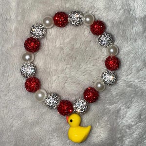 Duck Bracelet With Red And White Rhinestone Beads With Pearls