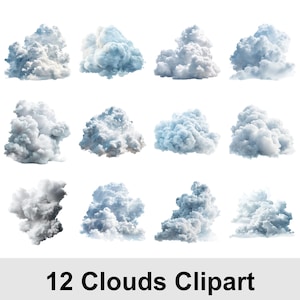 May include: A collection of twelve fluffy cloud clip art images in shades of white and blue. The clouds have a soft, textured appearance, with varying shapes and sizes. The text "12 Clouds Clipart" is displayed at the bottom.
