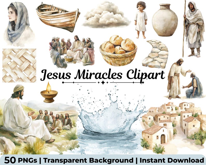 50 Jesus Miracles Clipart PNG | Bible Story Illustration Bundle ...