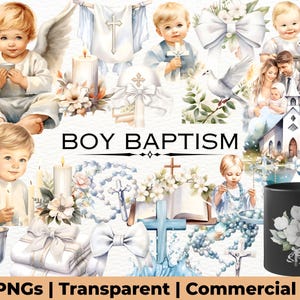 Boy Baptism Clipart, Christian Baptismal Symbols, Blue Watercolor Cross, Holy Communion, Christening Invitation Art, Religious PNG Files