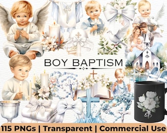 Boy Baptism Clipart, Christian Baptismal Symbols, Blue Watercolor Cross, Holy Communion, Christening Invitation Art, Religious PNG Files