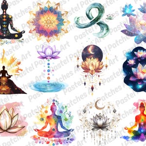 May include: A collection of watercolor illustrations featuring yoga poses, lotuses, mandalas, and spiritual symbols. The images showcase vibrant colors, celestial elements, and detailed designs, perfect for meditation and mindfulness themes.