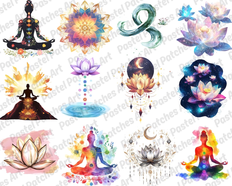 May include: A collection of watercolor illustrations featuring yoga poses, lotuses, mandalas, and spiritual symbols. The images showcase vibrant colors, celestial elements, and detailed designs, perfect for meditation and mindfulness themes.