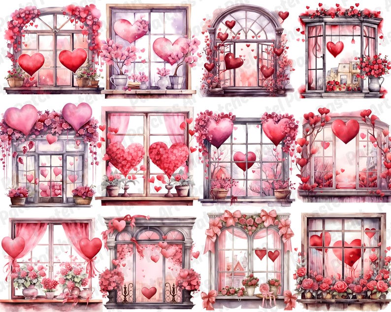 Window Drawing Hearts Watercolor Valentine Window Clipart | Love Hearts & Romantic Graphics ...