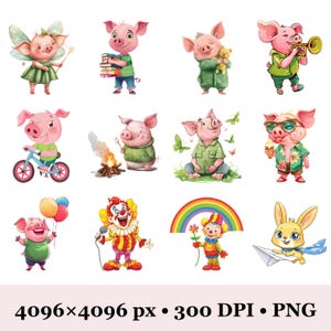 Peut inclure: Une collection d'illustrations fantaisistes mettant en sc&egrave;ne des cochons anthropomorphes dans diverses situations. Les cochons sont repr&eacute;sent&eacute;s en f&eacute;e, en &eacute;tudiant, tenant un ours en peluche, jouant de la trompette, faisant du v&eacute;lo, grillant des guimauves, portant des lunettes de soleil, tenant des ballons, d&eacute;guis&eacute;s en clown, et plus encore.