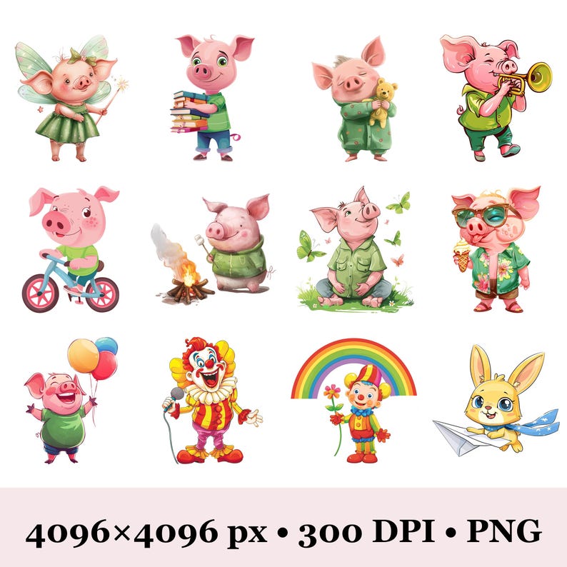Peut inclure: Une collection d'illustrations fantaisistes mettant en sc&egrave;ne des cochons anthropomorphes dans diverses situations. Les cochons sont repr&eacute;sent&eacute;s en f&eacute;e, en &eacute;tudiant, tenant un ours en peluche, jouant de la trompette, faisant du v&eacute;lo, grillant des guimauves, portant des lunettes de soleil, tenant des ballons, d&eacute;guis&eacute;s en clown, et plus encore.