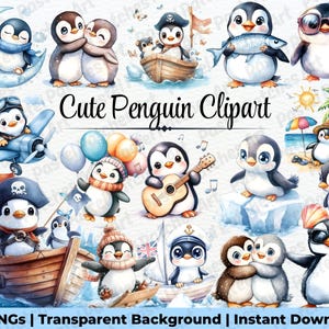 Könnte beinhalten: Eine Sammlung von Aquarell-Pinguin-Clipart-Bildern. Die Pinguine werden in verschiedenen Szenarien dargestellt, darunter das Tragen einer Sonnenbrille, das Spielen einer Gitarre und das Segeln in einem Boot. Der Text "Cute Penguin Clipart" ist in der Mitte zu sehen.