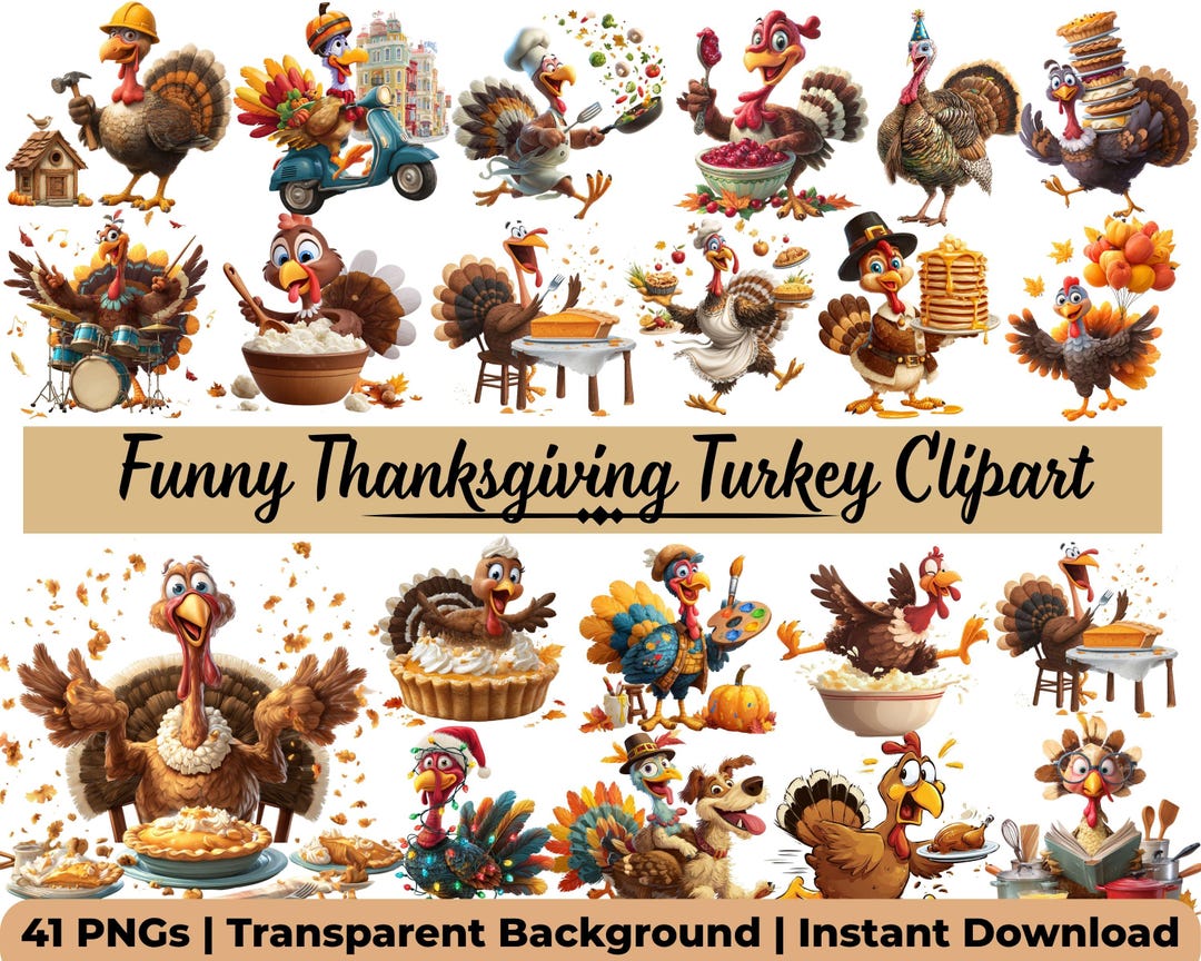 Funny Thanksgiving Clipart PNG Bundle | Quirky Turkey Clip Art for ...
