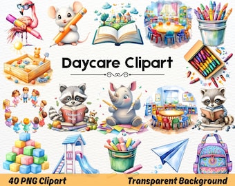 Daycare Clipart, Happy Back to School Clipart Bundle, Teacher Kids Clipart, Watercolor Elementary, Classroom Decor, Nursery School Clipart