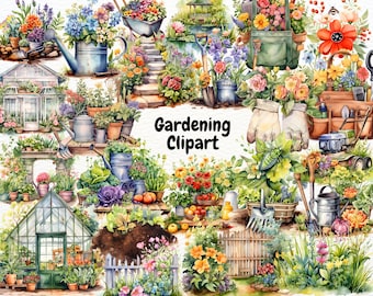 Clipart ogrodniczy, Clipart narzędzi ogrodniczych, Grafika wiosennego ogrodu, Kwiaty ogrodowe Png, Sprzęt ogrodniczy Png, Natychmiastowe pobieranie cyfrowe