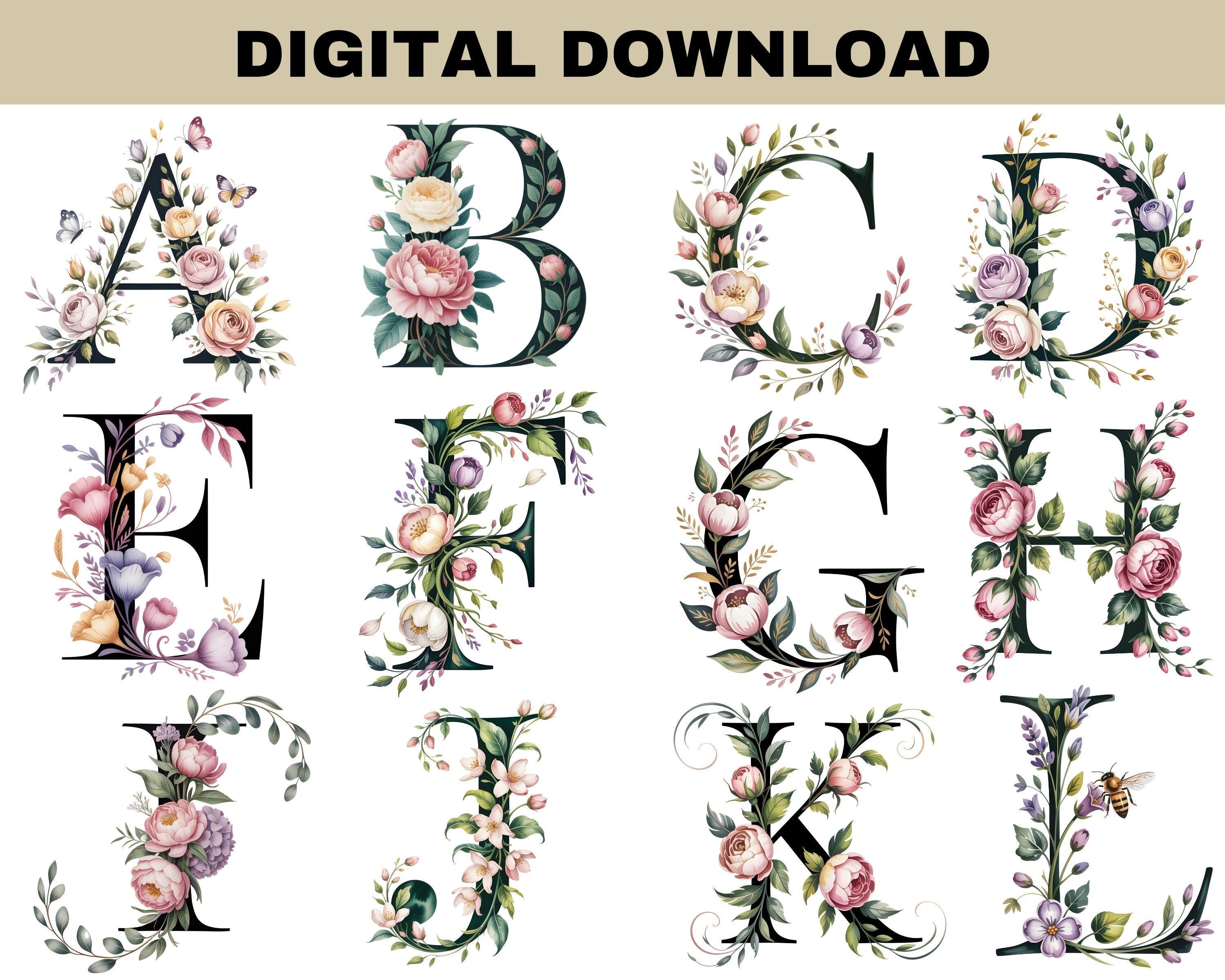 Watercolor Floral Alphabet PNG Bundle, Elegant Monogram Letters Clipart ...