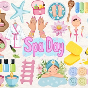Clipart journée au spa, soins personnels, jolie fille au spa, anniversaire au spa, clipart maquillage, manucure, événement bien-être et détente, soirée chouette, vernis à ongles, spa PNG