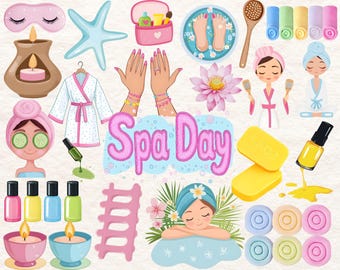 Spa Day Clipart, Self Care, Cute Spa Girl, Spa Birthday, Makeup Clipart, Manicure, Wellness Relax Event, Pamper Party, Nail Polish, Spa PNG