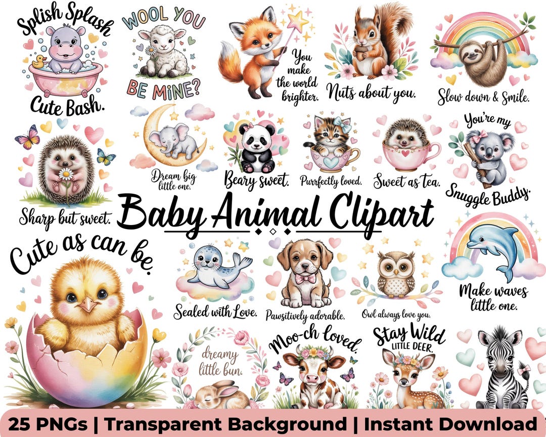 Cute Baby Animal Clipart Bundle • Watercolor Baby Animals PNG Pack for ...