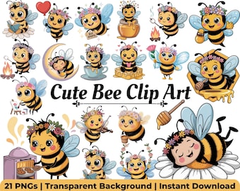 Bundle de cliparts abeille mignon, bourdon kawaii aquarelle PNG, sublimation pour chambre d'enfant, autocollants abeille de dessin animé, usage Commercial