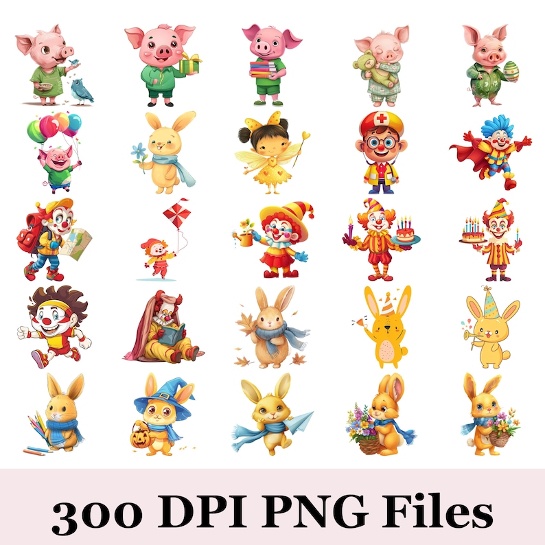 Peut inclure: Ensemble d'illustrations aquarelles fantaisistes repr&eacute;sentant des cochons, des lapins, des f&eacute;es et des clowns dans diverses tenues et poses. Les images incluent des personnages tenant des cadeaux, des ballons et des g&acirc;teaux d'anniversaire. Le texte "300 DPI PNG Files" est en bas.