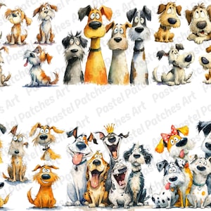 May include: A collection of watercolor illustrations of various cartoon dogs. The dogs are depicted in different poses and expressions, with a variety of colors and markings. Some dogs have accessories like a crown or bow.
