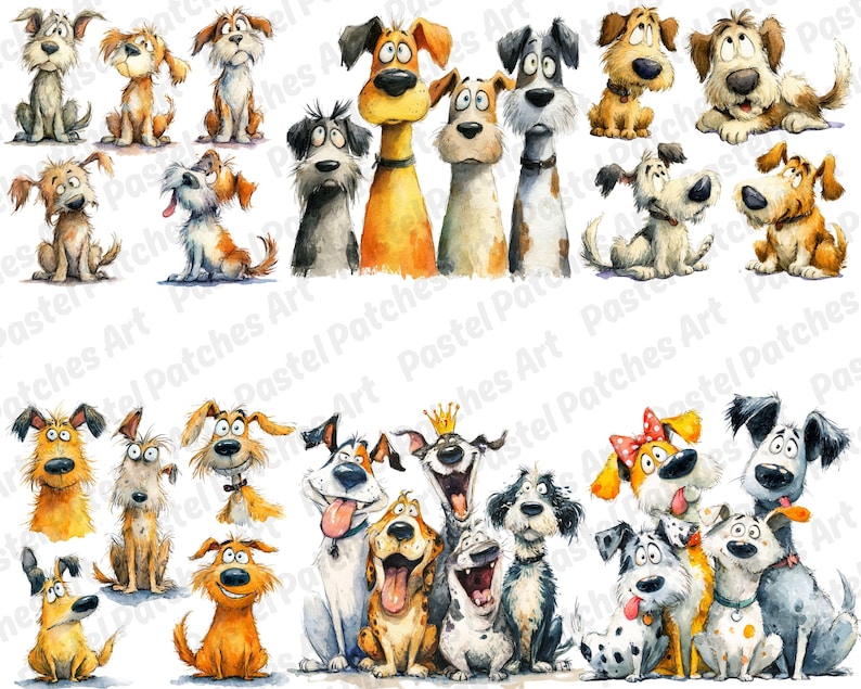 May include: A collection of watercolor illustrations of various cartoon dogs. The dogs are depicted in different poses and expressions, with a variety of colors and markings. Some dogs have accessories like a crown or bow.