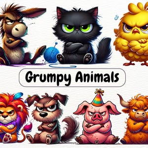 Funny Grumpy Animals Clipart Bundle, Cute Angry Safari Animals, Funny Cartoon Pets, Animal Clipart, Quirky Forest Animal Caricature Graphics