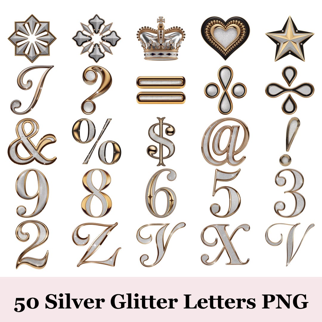 Silver Glitter Alphabet PNG 50 Letters | Sparkly A-Z + Symbols Clipart ...