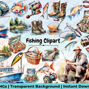 Fishing Clipart, Fishing Tools Clipart, Gone Fishing Clipart, Fishing Rod, Fishing Man, Fishing Boat PNG, Instant Download, Commercial Use