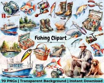 Fishing Clipart, Fishing Tools Clipart, Gone Fishing Clipart, Fishing Rod, Fishing Man, Fishing Boat PNG, Instant Download, Commercial Use