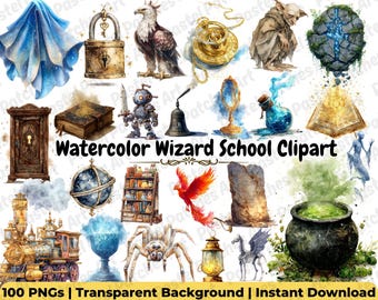 Paquete de imágenes prediseñadas de la Escuela de Magos en Acuarela: 100 archivos PNG mágicos para cumpleaños infantiles, manualidades y Cricut. Descarga instantánea, uso comercial.