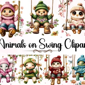 Söta gungande djur Clipart PNG, barnrumsdekor, leende sköldpadda kanin orm, safari gård vänner, babyshower grafik