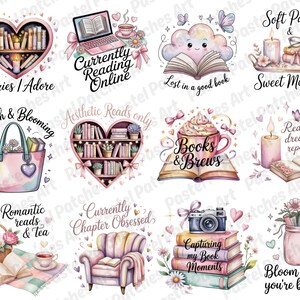 May include: A collection of watercolor illustrations featuring book-themed designs. The images include books, hearts, a laptop, and a teacup, with phrases like "Stories I Adore" and "Currently Reading Online". The color palette is soft, with pinks, purples, and greens.