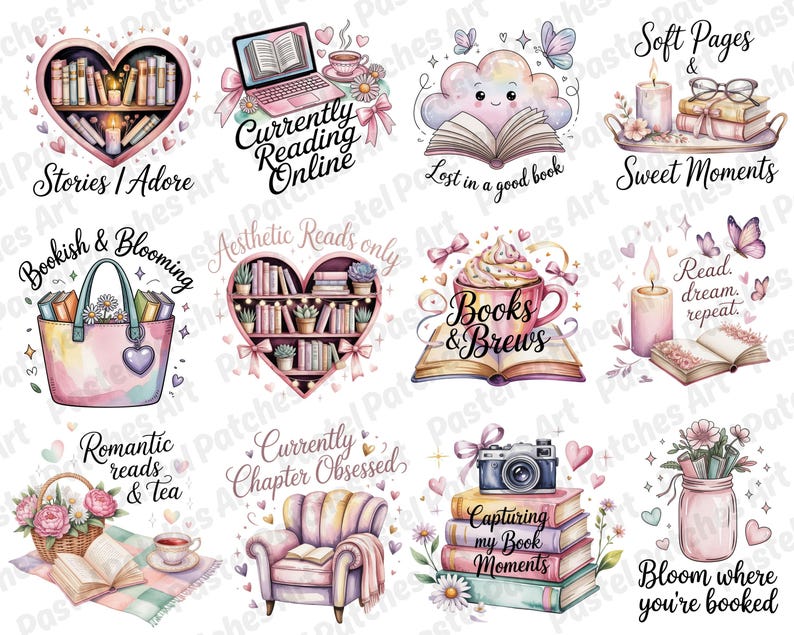 May include: A collection of watercolor illustrations featuring book-themed designs. The images include books, hearts, a laptop, and a teacup, with phrases like "Stories I Adore" and "Currently Reading Online". The color palette is soft, with pinks, purples, and greens.